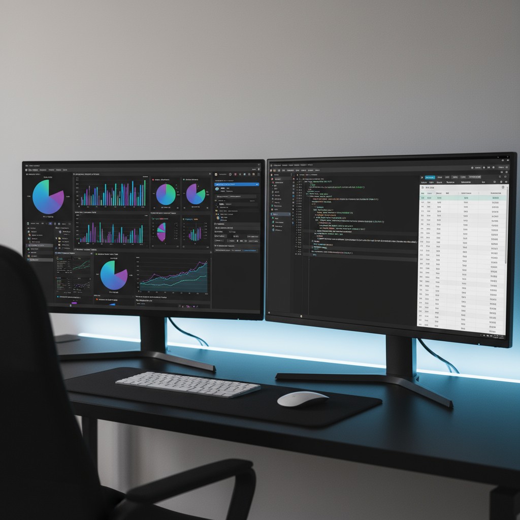 A computer workstation with two large monitors displaying various graphs and charts, along with a keyboard and mouse on a ...