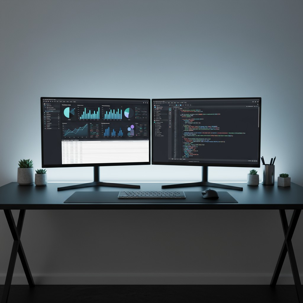A dual-monitor computer setup displaying various screens such as graphs, a keyboard, and code in a darkened room.