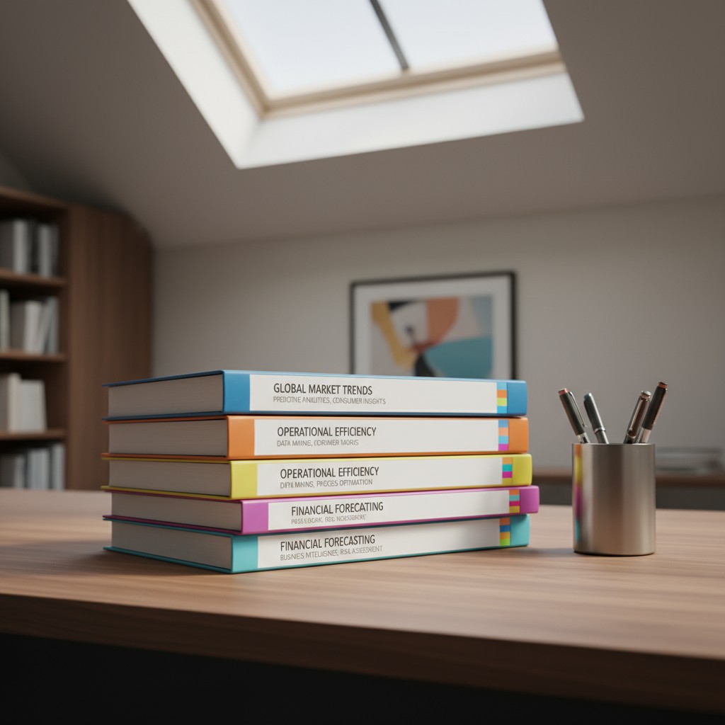 A stack of books on a desk with a pen holder. The books are stacked horizontally, with titles such as 'Global Market Trend...