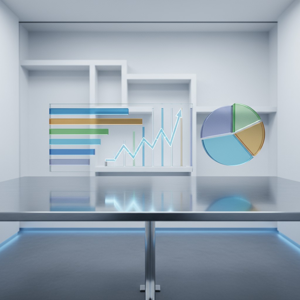 Modern glass and metal office with graphs and charts.